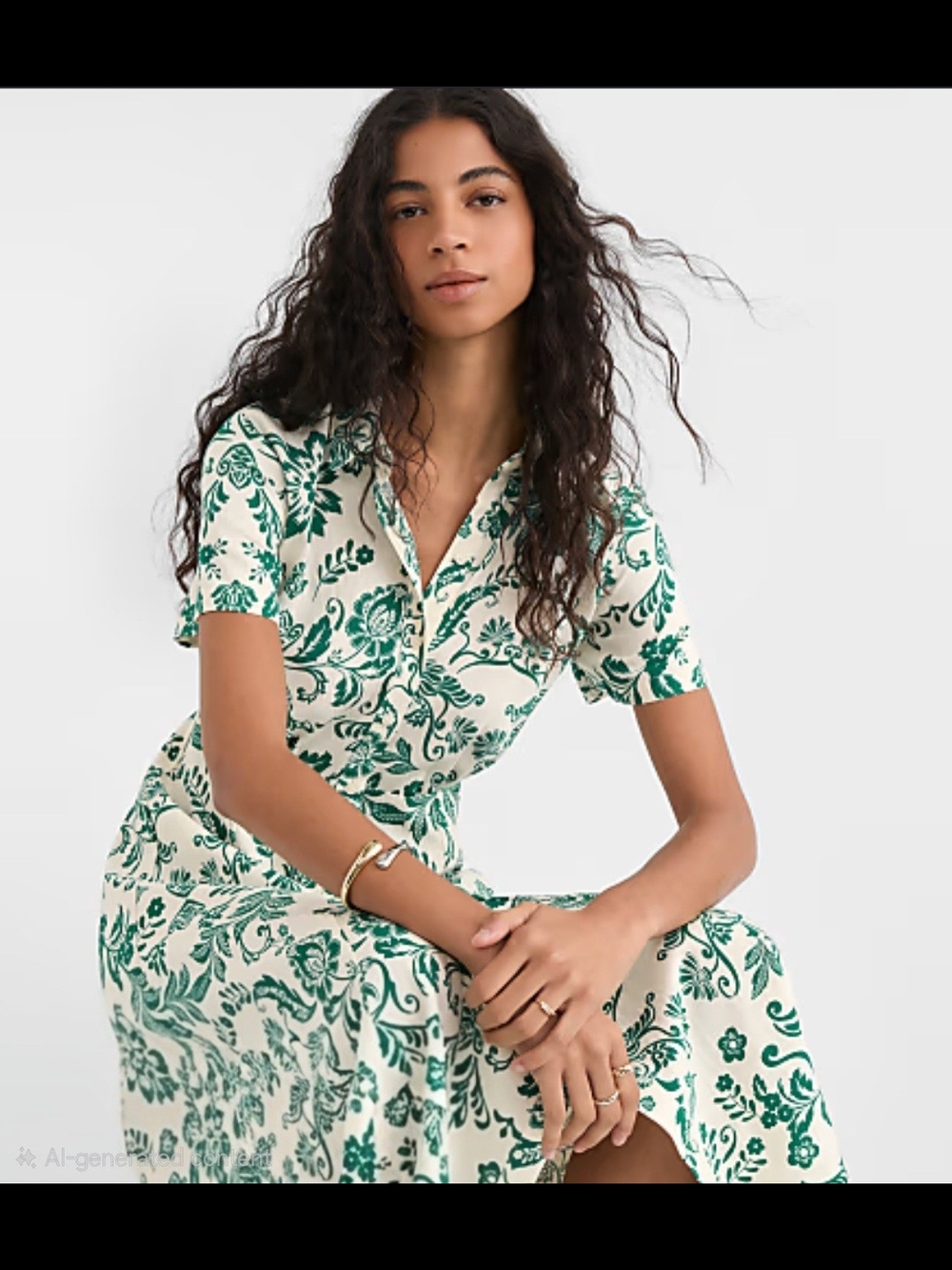LOFT Cream Midi Dress with Green Floral Print